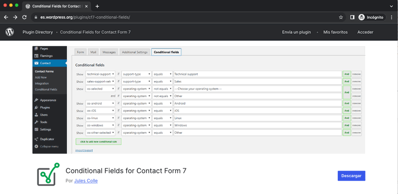 campos condicionales contact form 7