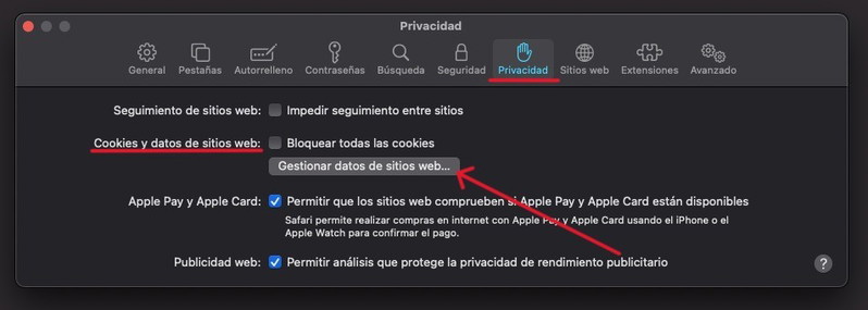 cookies y datos de sitios webs safari
