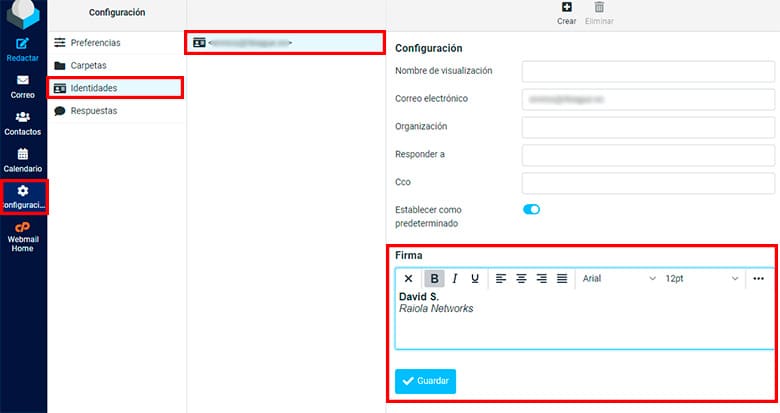 Configuración identidades firma HTML