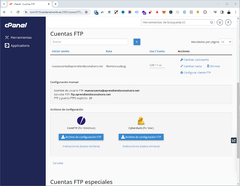 cuenta ftp hosting archivos cpanel