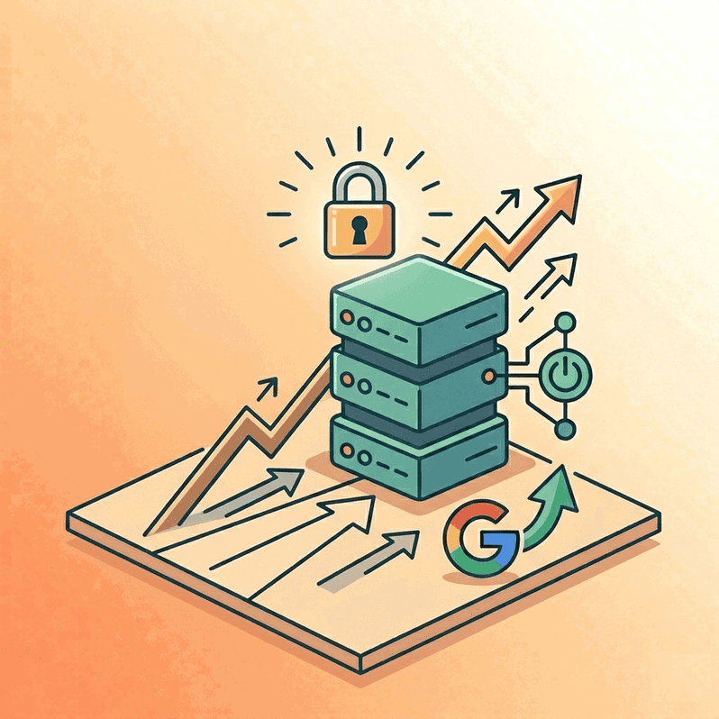 Ilustración de un servidor de hosting con flechas de crecimiento, candado de seguridad y mejora del posicionamiento en Google