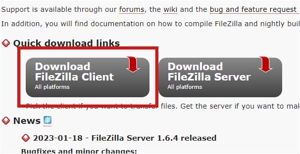 Página de descarga de FileZilla Client y Filezilla Server
