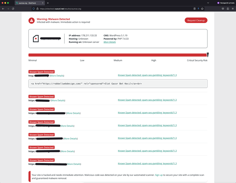 sitio web analizado con Sucuri Sitechecker