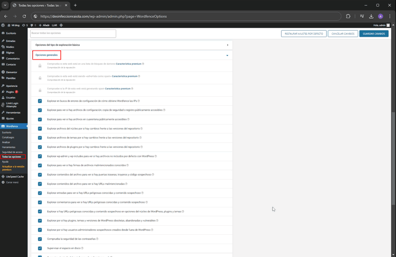Wordfence Opciones generales