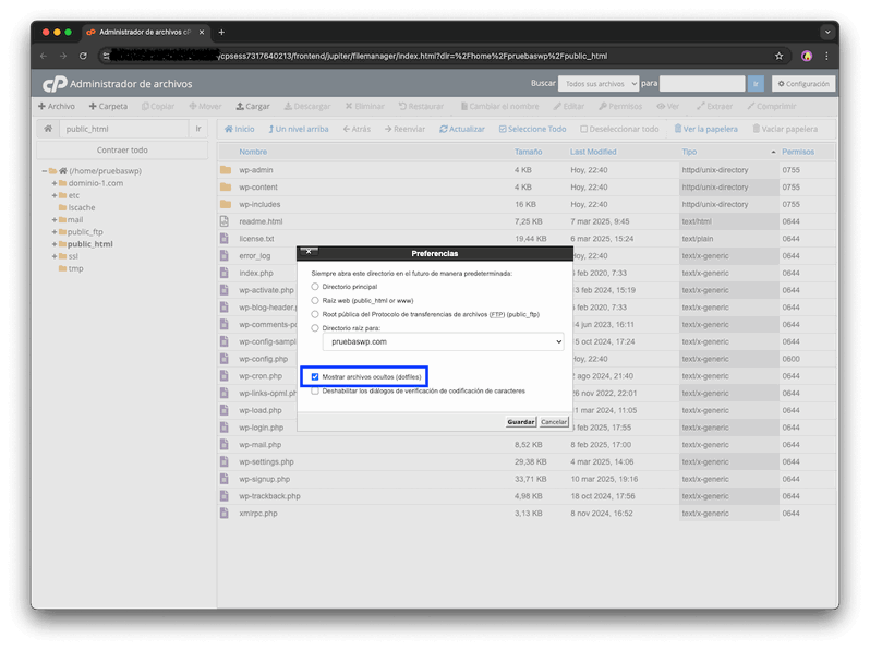 Mostrar archivos ocultos en el administrador de archivos de cPanel