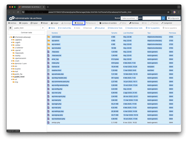 Eliminar directorio en el administrador de archivos de cPanel
