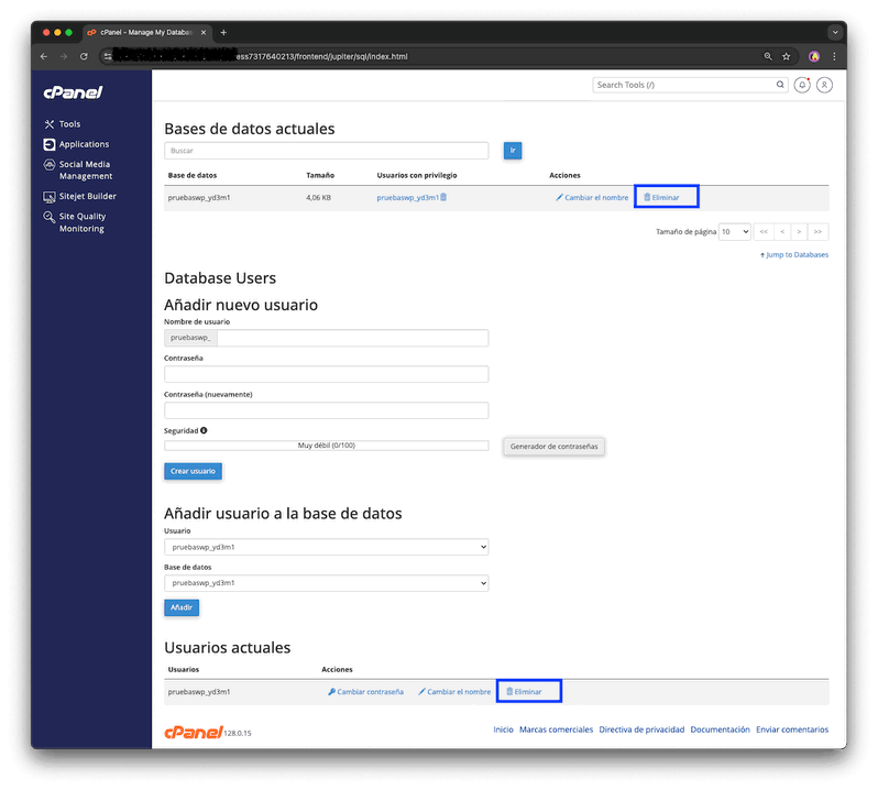 Eliminar base de datos de WordPress en cPanel