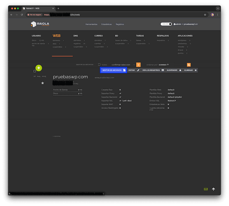 Desinstalar WordPress en RaiolaCP