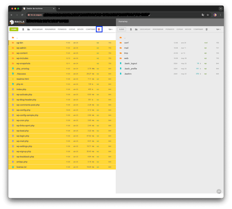 Eliminar archivos de WordPress en RaiolaCP