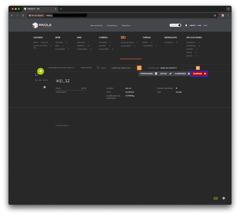 Eliminar base de datos de WordPress en RaiolaCP