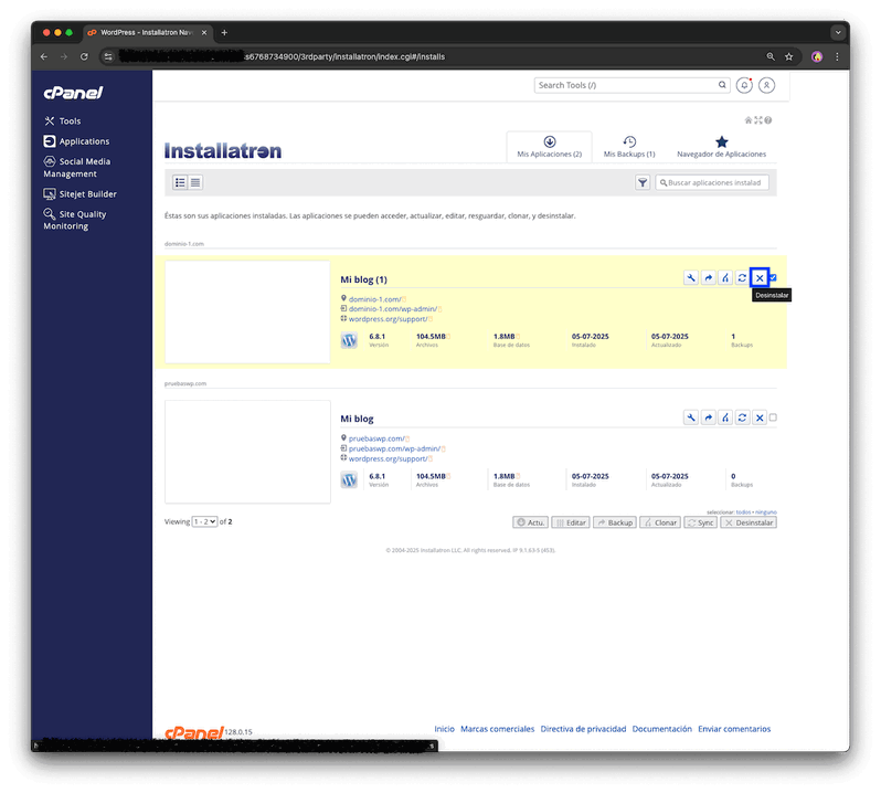 importar instalación de WordPress con Installatron
