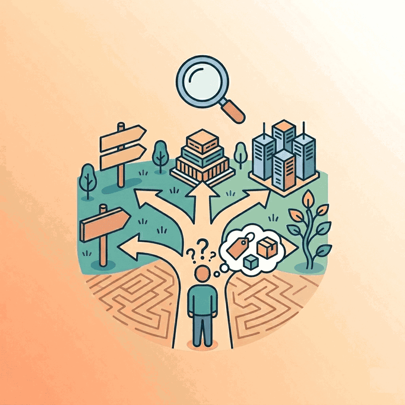 Ilustración de una persona ante un cruce de caminos que representa el dilema de elegir el hosting adecuado para su we