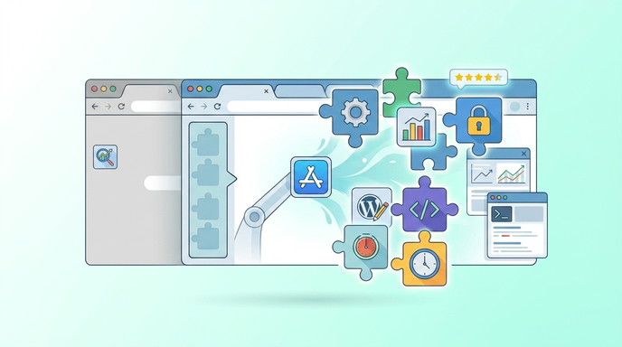 Ilustración de un navegador Chrome rodeado de iconos de extensiones de productividad, seguridad, desarrollo y WordPress