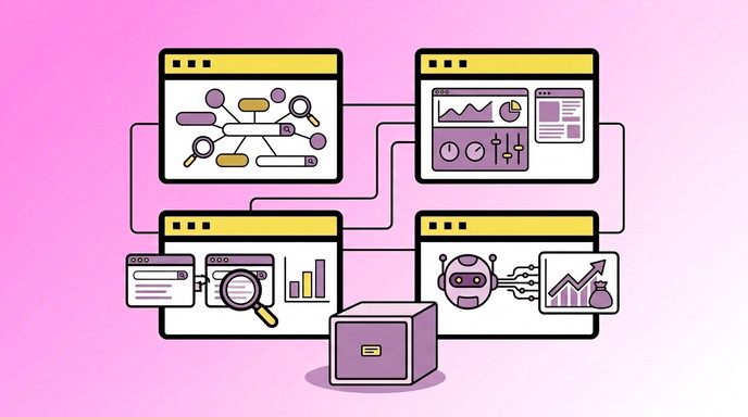 Un gestor de redes sociales unifica varias plataformas en un solo panel Cuatro paneles conectados entre sí con gráficas de analítica y un icono de IA que representan un gestor de redes sociales