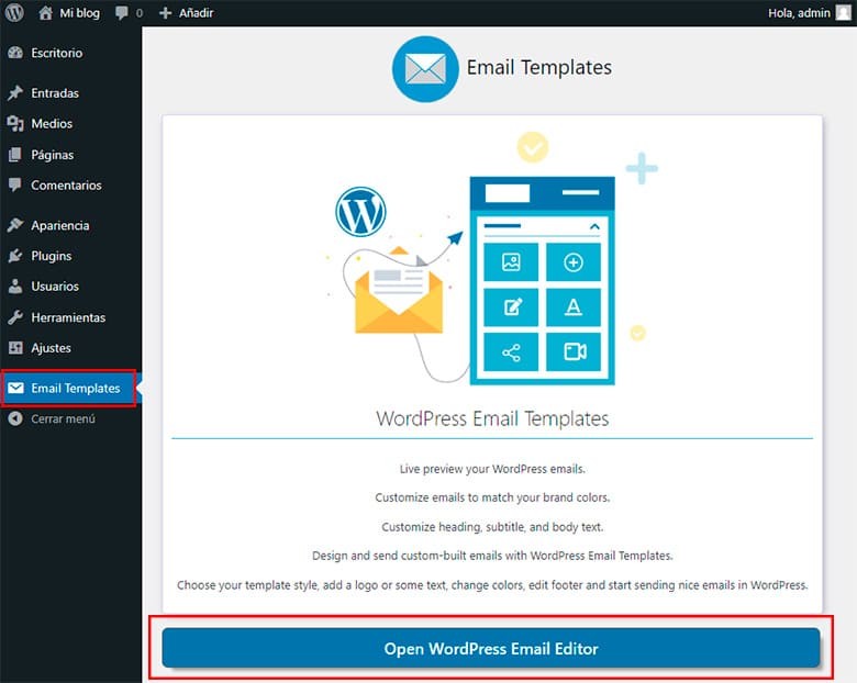 Email Templates es un plugin recomendado para personalizar los correos de WordPress.