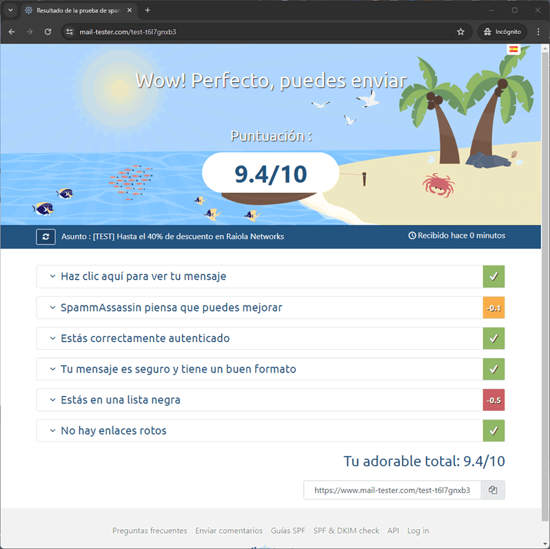 puntuación entregabilidad mail tester