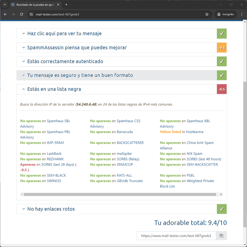 SORBS amazon ses mail tester