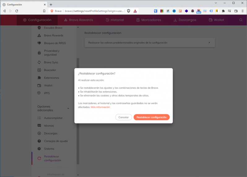 restablecer la configuración del navegador