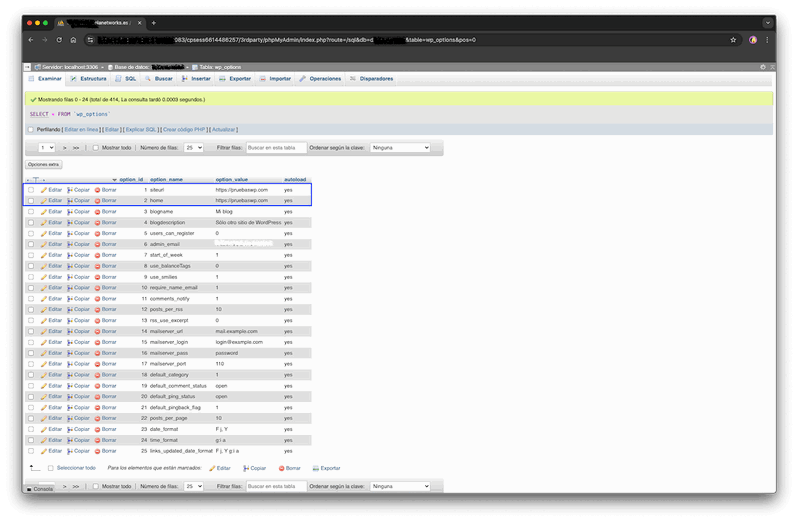 Configuración para ERR_TOO_MANY_REDIRECTS desde la base de datos