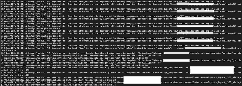 Ejemplo de logs del servidor con errores PHP relacionados con el error 520 Registros del servidor con errores PHP que pueden provocar un error 520