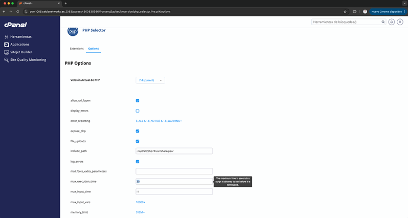 Revisar el tiempo máximo de ejecución en cPanel para solucionar err_connection_timed_out