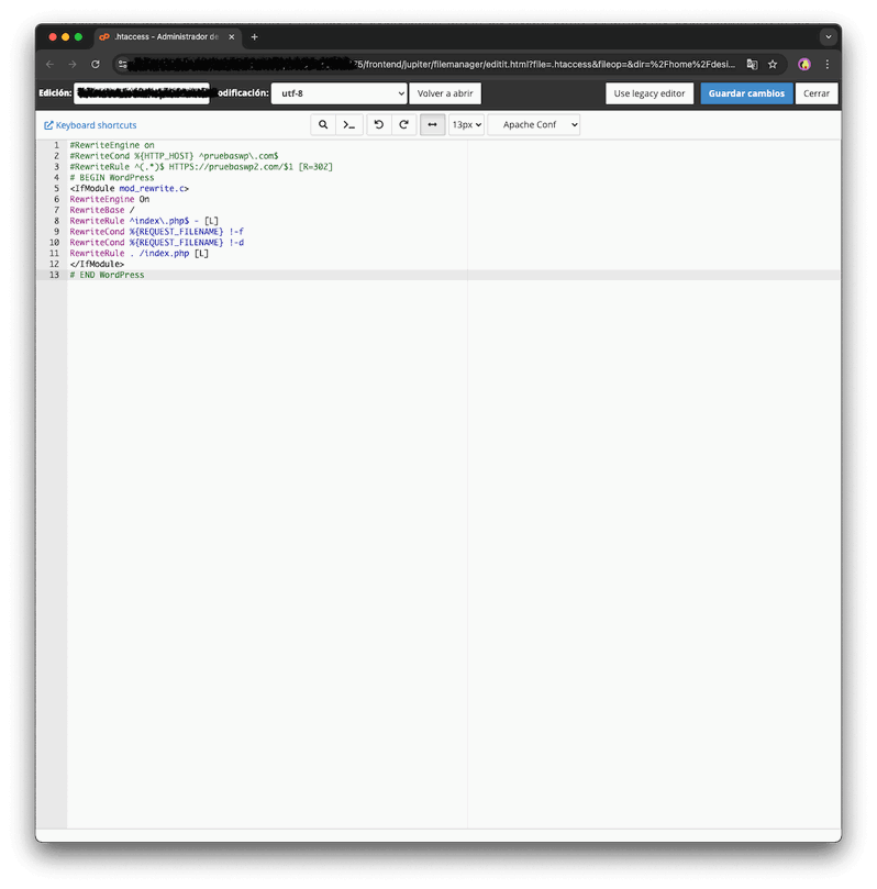 Eliminar lineas de .htaccess para solucionar error HTTP 302