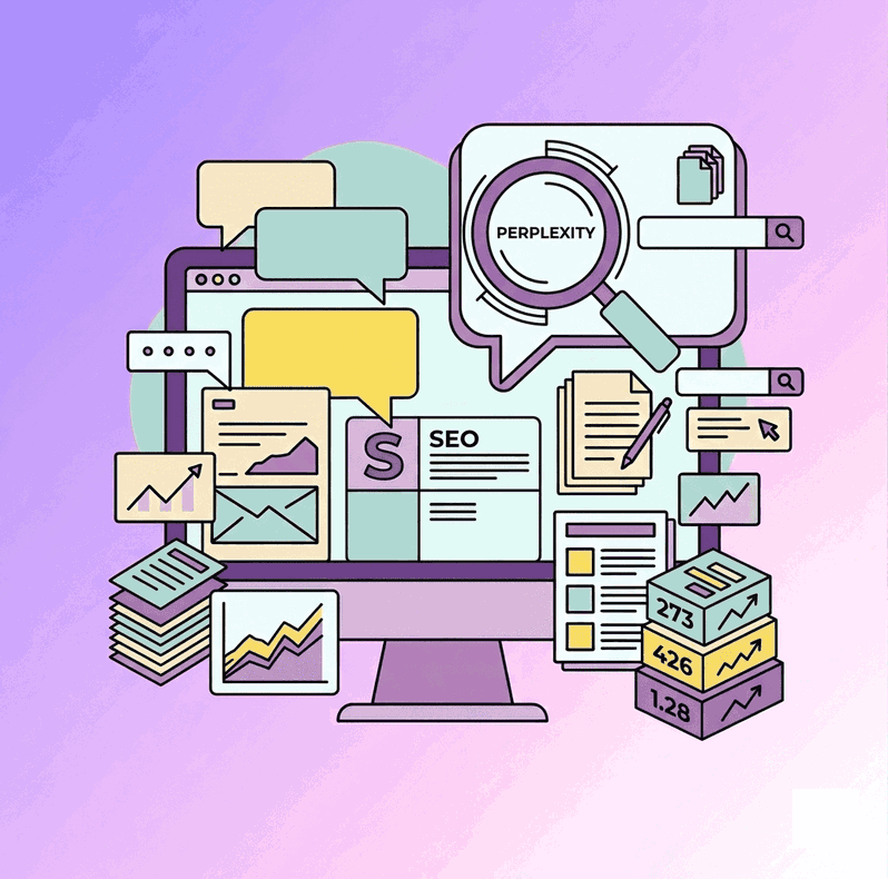 Estrategia SEO y análisis con Perplexity Lupa analizando datos de SEO junto al logo de Perplexity, gráficas y documentos