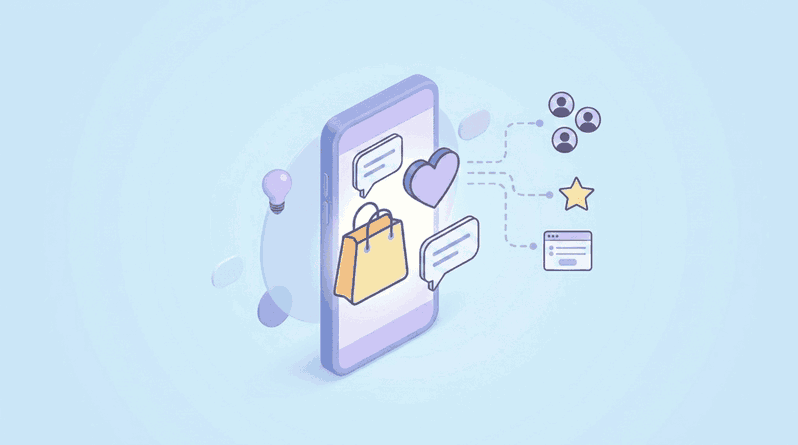 Estrategias de engagement y fidelización de clientes en social commerce Smartphone con red de perfiles de usuario, valoraciones en estrellas y bolsas de compra mostrando estrategias de engagement en redes sociales
