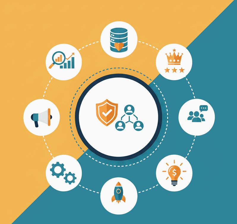 Ilustración sobre estrategias de marketing relacional, con símbolos de confianza, conexión y comunicación con los clientes.