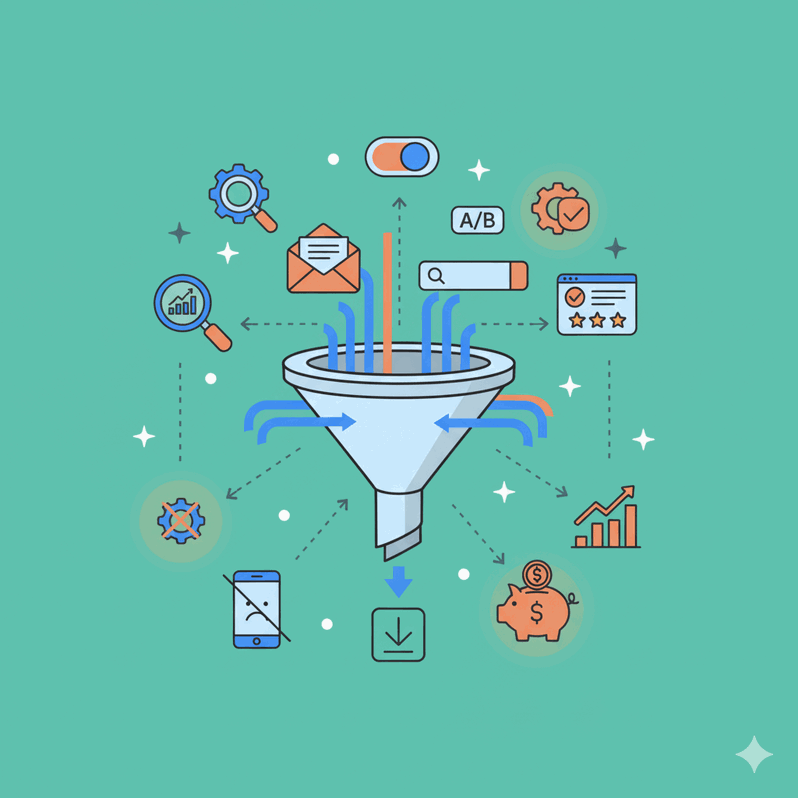 El conjunto ilustra estrategias completas para aumentar la tasa de clics y la conversión