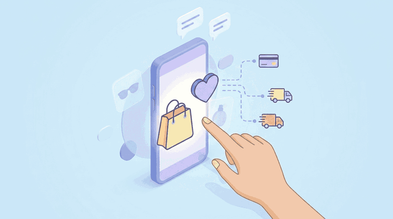 Experiencia de usuario en el proceso de compra dentro de redes sociales Mano interactuando con móvil que muestra proceso de compra social con bolsa y envío a domicilio