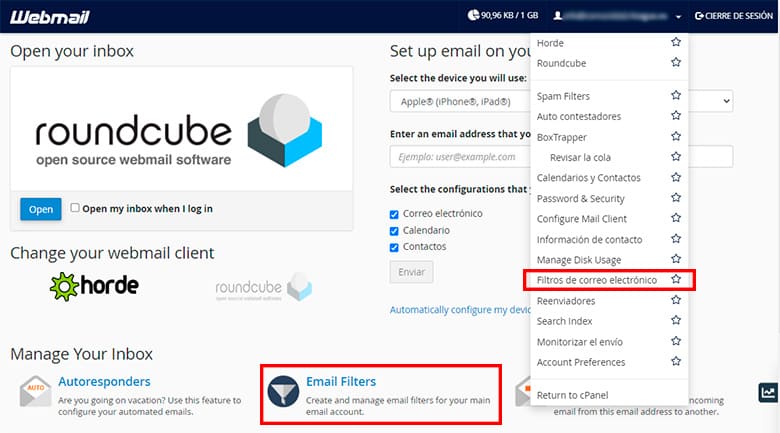 Filtros correo electrónico usuario cPanel