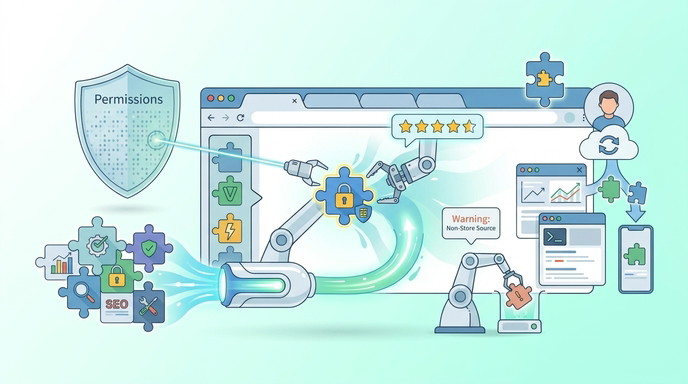Ilustración de un escudo de permisos filtrando la instalación de una extensión de Chrome en el navegador