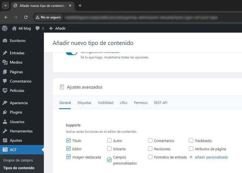 Ajustes avanzados de ACF para crear Custom Post Types