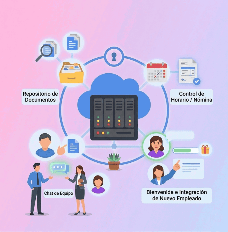 Iconos de las funcionalidades de una intranet corporativa, acceso restringido, gestión de permisos y colaboración en equipo Funcionalidades de una intranet corporativa