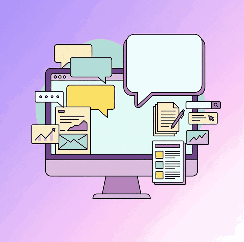 Gestión de contenidos con inteligencia artificial Ordenador con burbujas de chat y un documento que ilustran la creación de contenido con IA