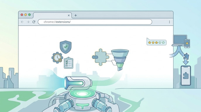 Ilustración del panel de extensiones de Chrome con las opciones para activar, filtrar y revisar cada una