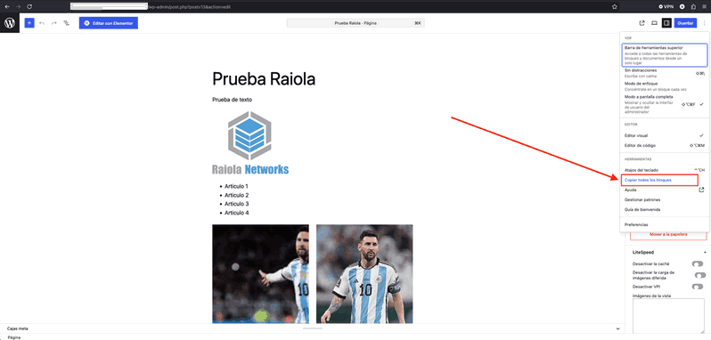 Opción "Copiar todos los bloques" en el editor Gutenberg
