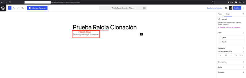 Pegar los bloques copiados en una nueva página de Gutenberg