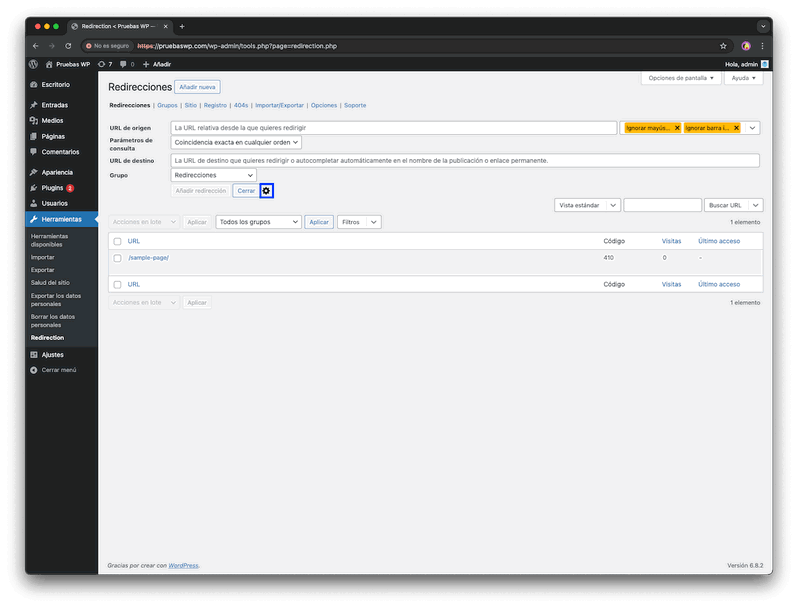 Configuración con plugin Redirection
