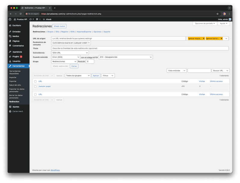 Añadir 410 con plugin Redirection