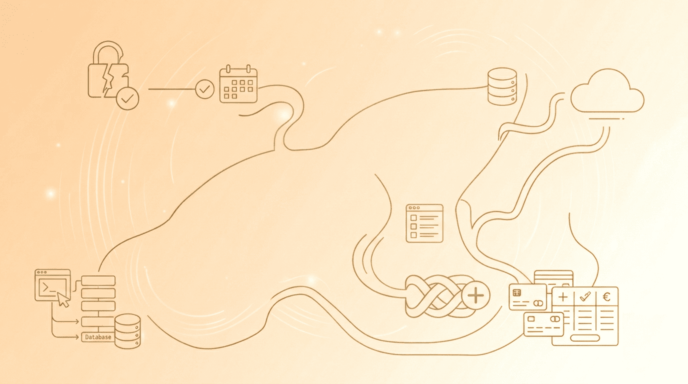 Ilustración minimalista que conecta los conceptos de seguridad, bases de datos y alojamiento en la nube, representando el proceso de publicación y puesta en marcha de un proyecto creado con Vibe Coding.