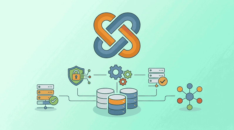 Joomla ofrece alta seguridad gracias a una arquitectura de código rigurosa y actualizaciones constantes Infraestructura y seguridad de Joomla representadas con candado, engranajes y servidores junto al logo del CMS