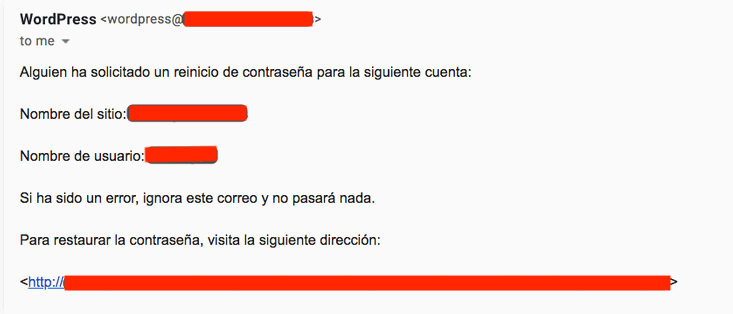 mensaje para restablecer la contraseña de WordPress
