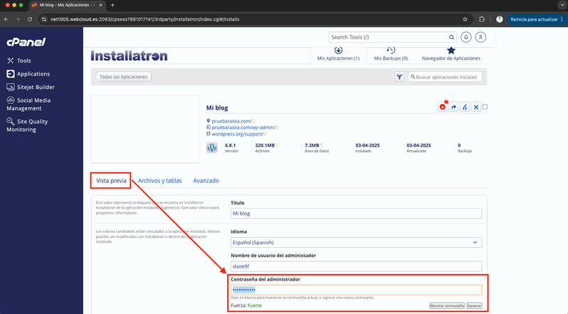 Cambiar la contraseña mediante la herramienta de Installatron de cPanel