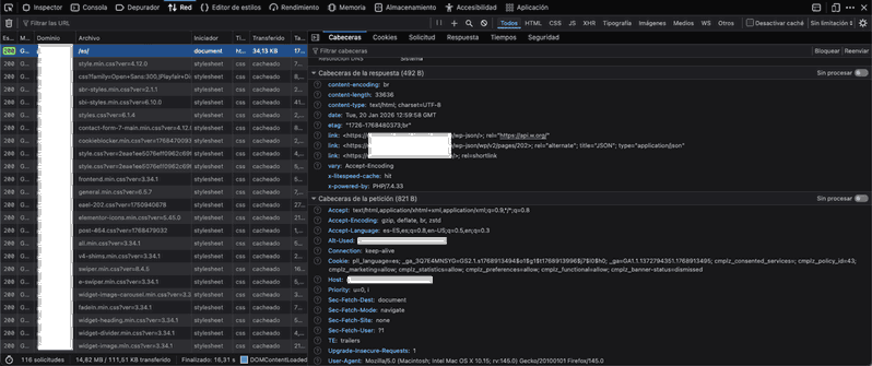 Revisión de encabezados HTTP para diagnosticar un error 520 en Cloudflare Cabeceras HTTP de una página web vistas desde las herramientas de desarrollador