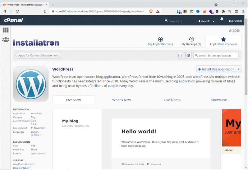 Instalar WordPress con Installatron