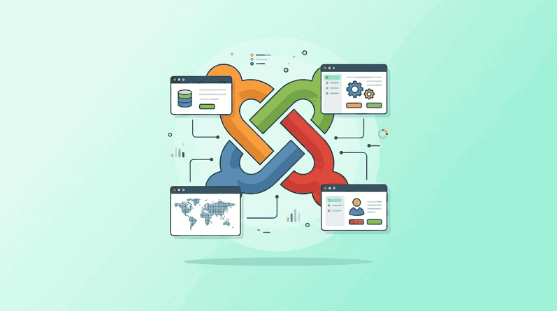 Joomla gestiona contenidos, usuarios y funcionalidades desde un único panel de administración Panel de administración de Joomla con gráficas y mapa mundial que ilustra la integración de funciones del CMS
