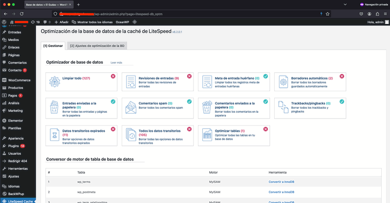 optimización de la base de datos en mantenimiento de WordPress