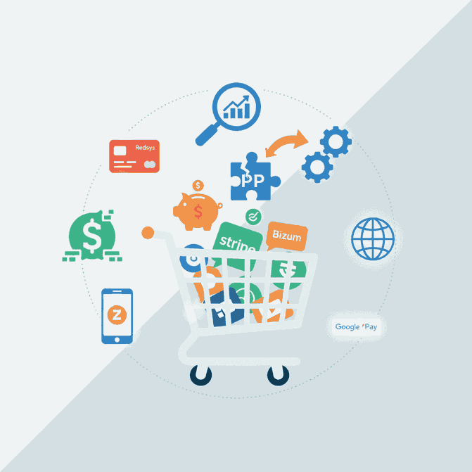 Carrito de compras digital con logos de Redsys, Stripe, Bizum, Google Pay y Zettle, que representan alternativas a PayPal para ecommerce.